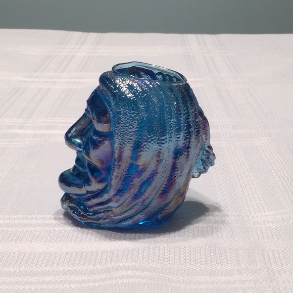 Old Lady Face with Head Scarf Blue Iridescent Glass Toothpick Holder? - Picture 2 of 6